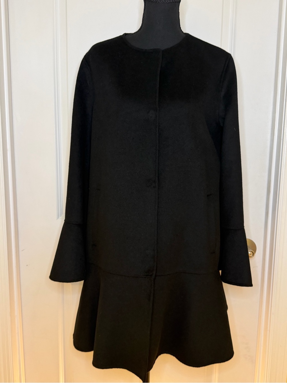 Zara Basic Black Long Sleeve Flared Hem wool blend coat, size M